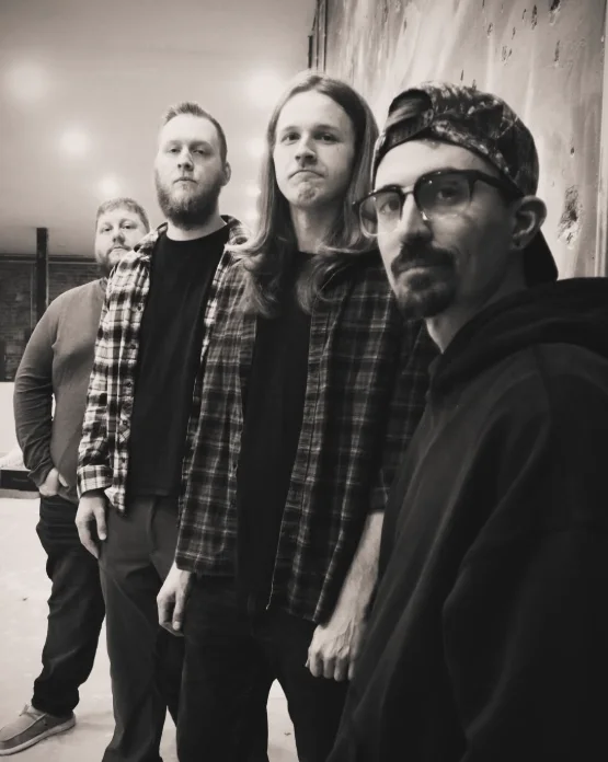 Members of Poetry on Fire in a black-and-white band portrait