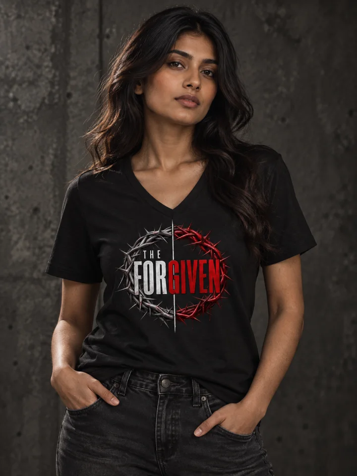 AI-generated model wearing Women's - The Forgiven Crown V-Neck Tee