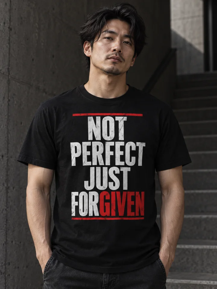 AI-generated model wearing Not Perfect Just Forgiven T-Shirt