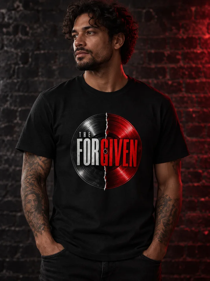 AI-generated model wearing The Forgiven Vinyl T-Shirt